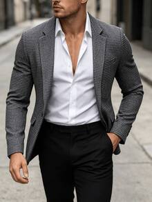 Grey Fine Houndstooth Notch Lapel Single Button Long Sleeve Old Money Style Men's Suit, Slim Fit Structured Shoulder Vintage Gentleman Business Formal Attire, Suitable For Workplace, Banquet, Wedding And Formal Occasions - Dark Grey - View 3