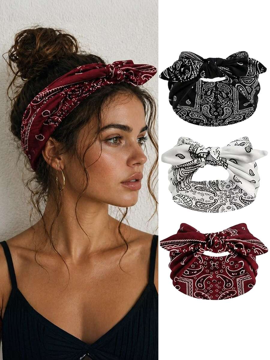 1/3 Pcs Paisley Bandana Headbands For Women Girls Vintage Bow Top Knot Elastic Hair Bands Retro Twisted Hair Accessories Summer - Multicolor - View 1