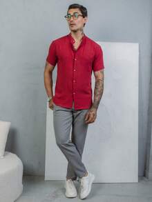 Men's Short-Sleeve Shirt With Mandarin Collar, Lightweight For Work And Leisure - Bordeaux - View 5