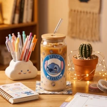 [Officially Licensed]Disney Stitch Glass Cup With Bamboo Lid And Straw | Cute Cartoon Tumbler Can Shaped Drinking Cup | Kawaii Iced Coffee Cup Gift For Lilo And Stitch Fans - Multicolor - View 5