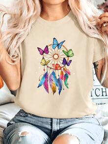 Women's Casual T-Shirt With Dreamcatcher And Butterfly Print, Black, Short Sleeve, Round Neck, Drop Shoulders, Medium Elastic Knit Fabric For Everyday Wear - 杏色 - 查看 1