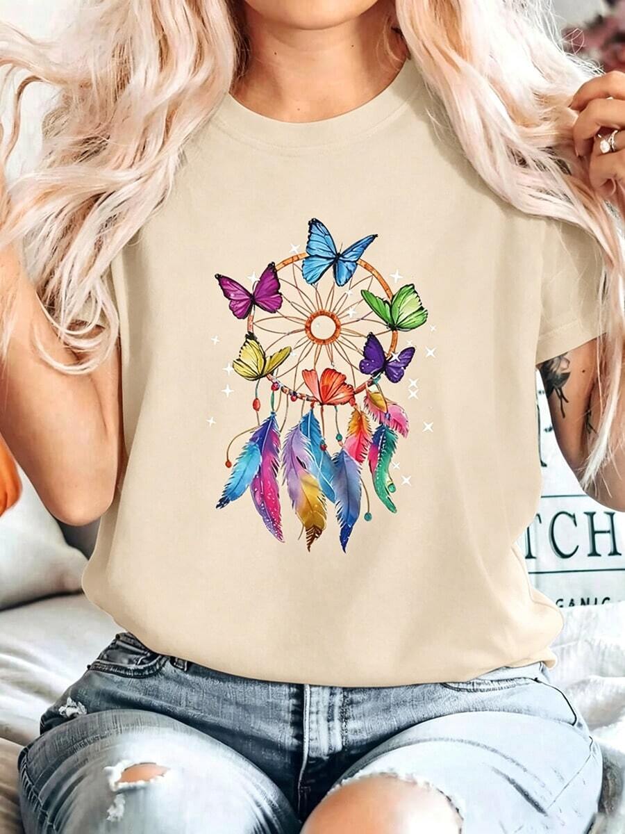 Women's Casual T-Shirt With Dreamcatcher And Butterfly Print, Black, Short Sleeve, Round Neck, Drop Shoulders, Medium Elastic Knit Fabric For Everyday Wear - 杏色 - 查看 1