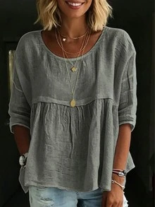 Plus Size Women's Solid Color Ruffle Blouse White Shirt For Daily Wear - Grey - View 1