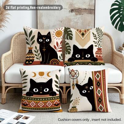 MEMNUN 4pcs Bohemian Mysterious Black Cat Print Pattern Throw Pillow Covers [Pillow Inserts Not Included], 17.7*17.7in(45*45cm)/19.69*19.69in(50*50cm)/15.75*15.75in(40*40cm), [Single-Sided Print] Made Of Polyester Material Sun Moon Dreamcatcher Geometric Green Plant Cat Cushion Covers Room Decor, Home Decor, Bedroom Decor, Room Decoration Stuff For Sofa, Bed, Living Room, Bedroom, Car, Office, Hotel Decoration Throw Pillow Covers All Seasons Suitable Perfect Gift For Family And Friends