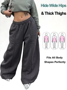 Casual Loose Solid Color Elastic Waist Sweatpants Winter - Light Grey - View 10