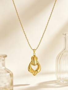 VceTd 1PC Fashion Business Style Stainless Steel Women's Pendant Necklace With Asymmetrical Hollow Geometric/Glossy Heart-Shaped Pendant Design, Suitable For Women's Daily Wear, Fashion Commuting, Holiday Parties, Or As A Holiday Gift For Women Or Loved Ones - Yellow Gold - View 6