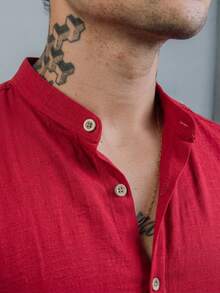 Men's Short-Sleeve Shirt With Mandarin Collar, Lightweight For Work And Leisure - Bordeaux - View 2