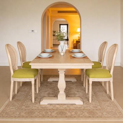 Juego de 2 sillas de comedor estilo campo francés, sillas tapizadas con respaldo redondo de ratán natural, para sala de estar, cocina, uso en restaurante, verde-XY256377
