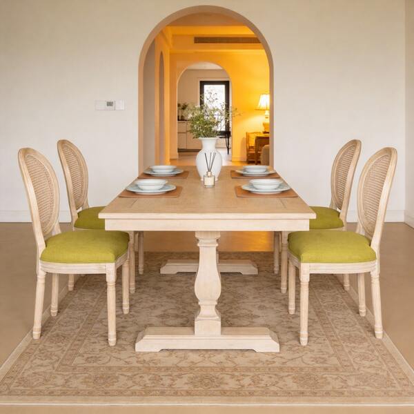 French Country Dining Chairs Set Of 2, Upholstered  Chairs With Nature Rattan Round Back, For Living Room, Kitchen , Restaurant Use, Green-XY256377