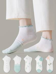 ZUJO 5 Pairs Women's Short Socks, Floral Pattern, Suitable For Spring Autumn Summer Daily Wear, Simple And Comfortable, Random Colors - Multicolor - View 3