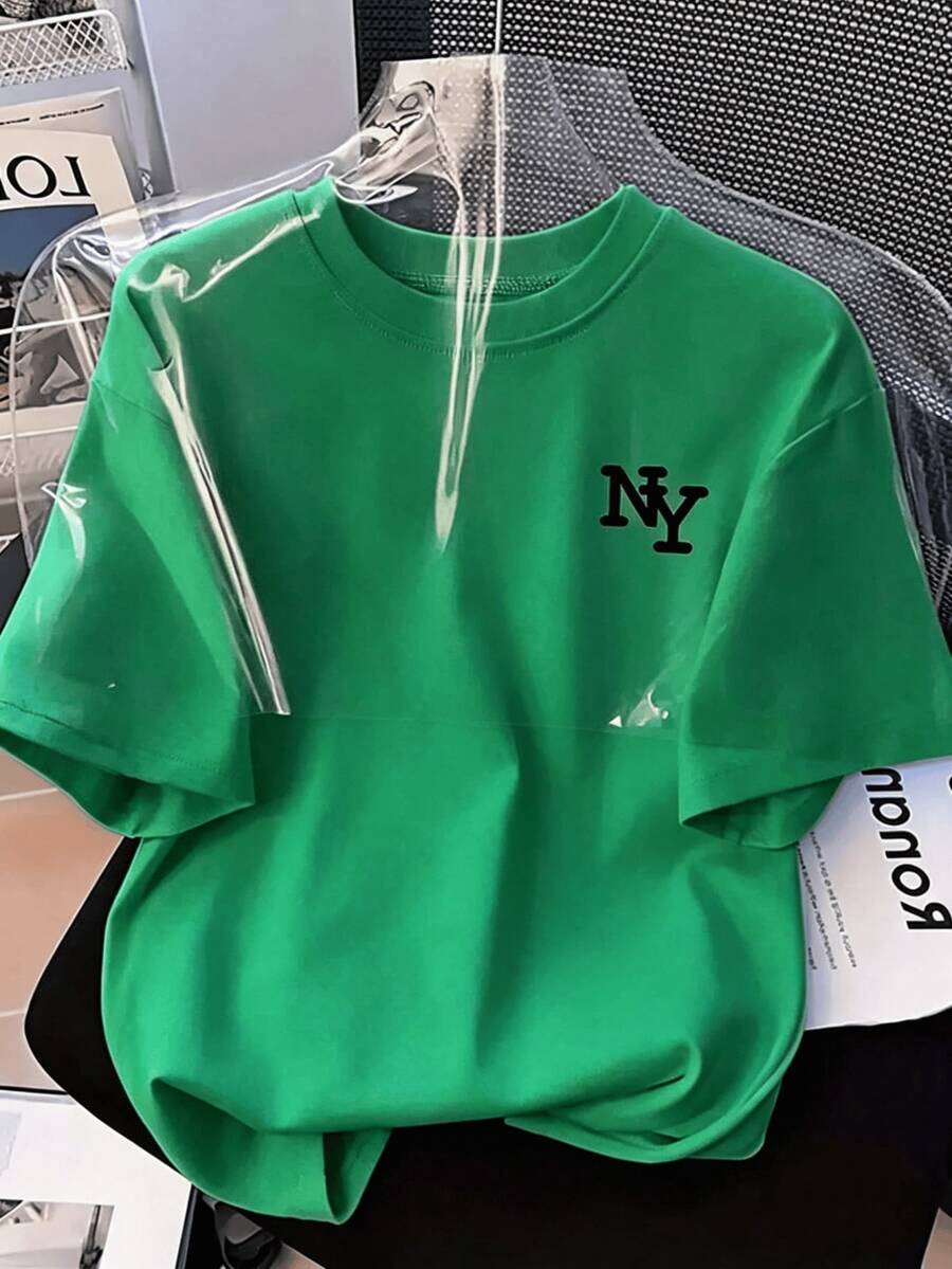 Women's Cotton T-Shirt With A Round Neck And Short Sleeves, Printed With The Letters NY. Comfortable And Breathable, Versatile For Casual Looks, Ideal For Everyday Wear In Spring And Summer. - 綠色 - 查看 1