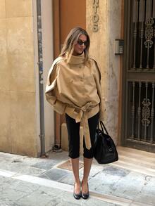 ZAHM Short Turtleneck Trench Coat, Belt Design With Adjustable Hem, Classy And Versatile. - Khaki - View 3