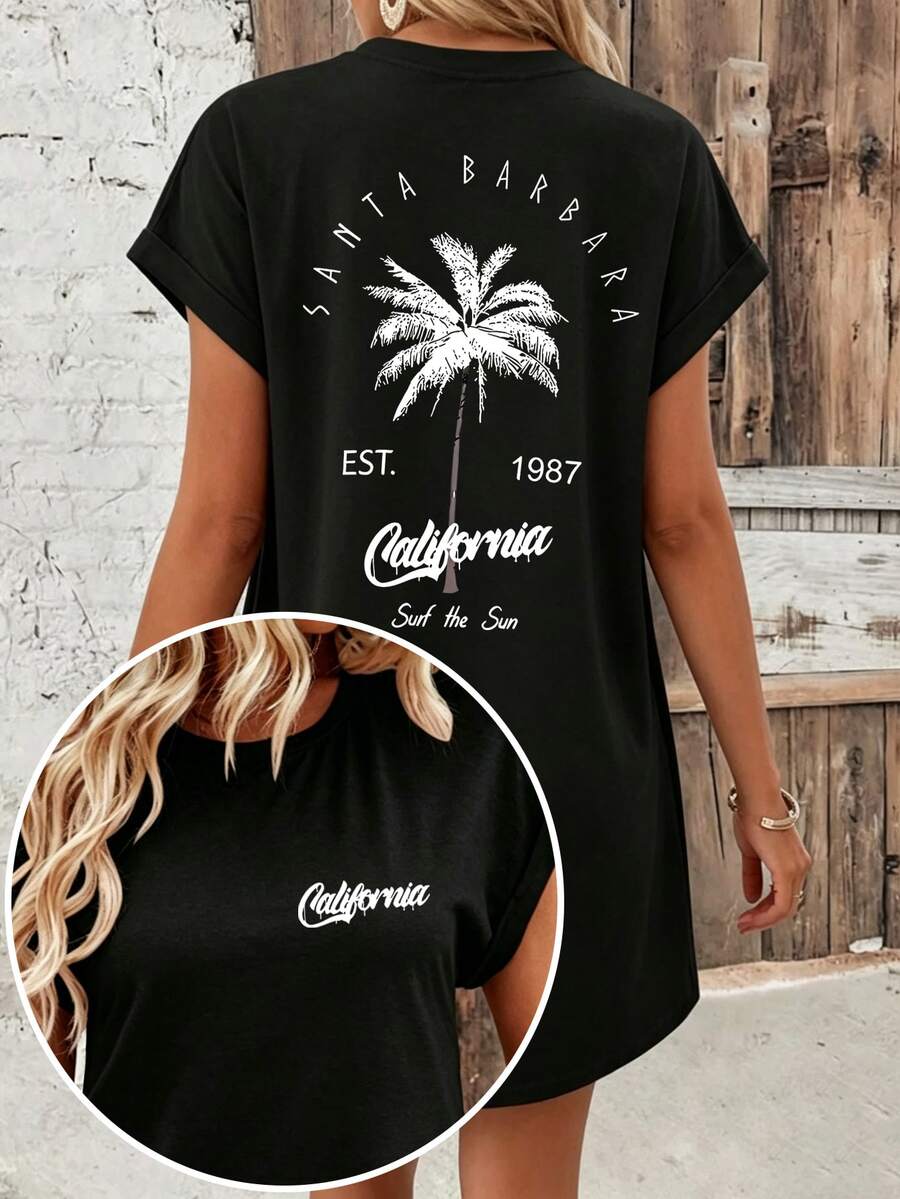 Personalized Custom Women's Summer Short Sleeve Dress, Customizable LOGO/Photo/Pattern/Musical Note/Text/Lucky Number/Coachella Music Elegant Black - Black - View 1