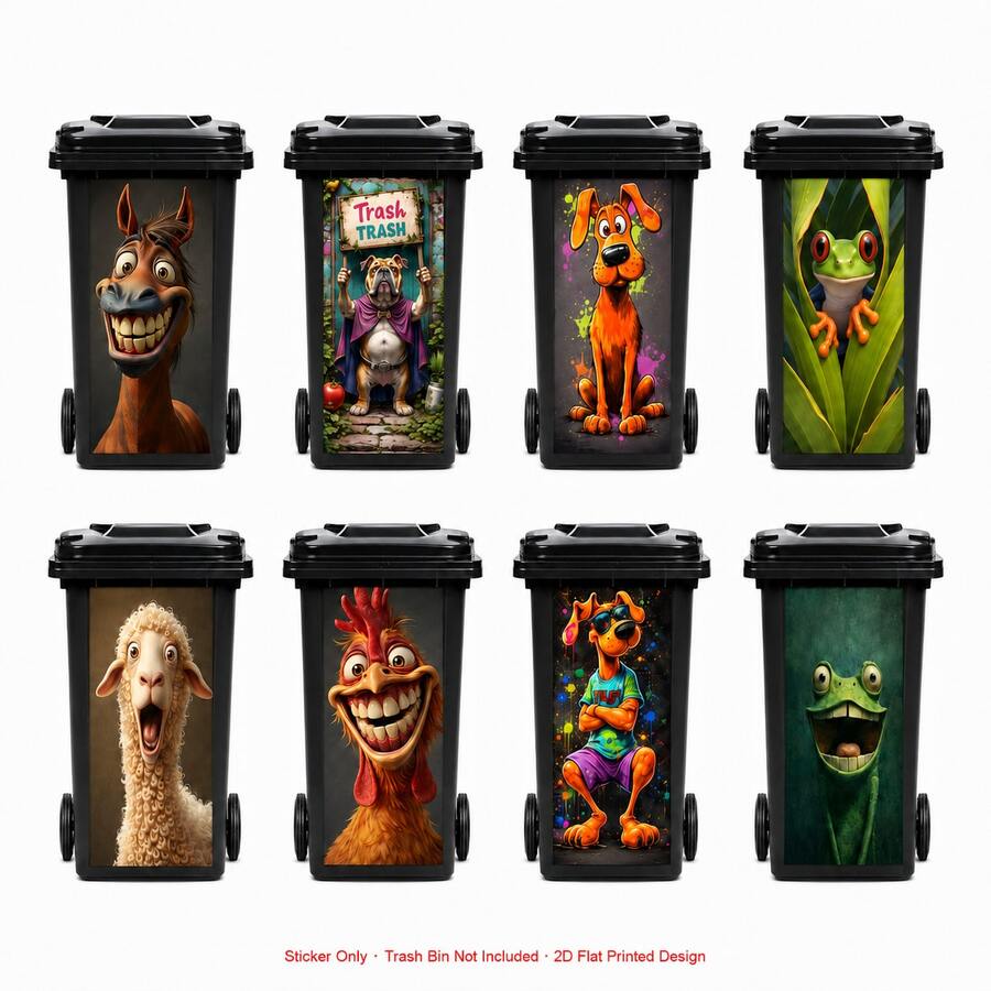 1pc Funny Animal Trash Can Sticker, 2D Flat Printed PVC Self-Adhesive Garbage Bin Decal, Waterproof Outdoor Bin Decoration For Kitchen, Patio, Yard And Outdoor Trash Cans, Sticker Only