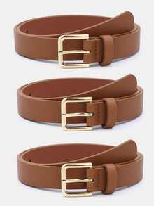 1pc/3pcs Women's Gold Square Buckle Versatile Fashion Multi-Color PU Belt Suitable For Daily Wear - Brown - View 23