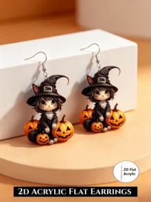 2D Gothic Style Halloween Pumpkin Black Cat Earrings, Acrylic Ear Jewelry, Suitable For Party And Gift - Pumpkin Black Cat - View 1