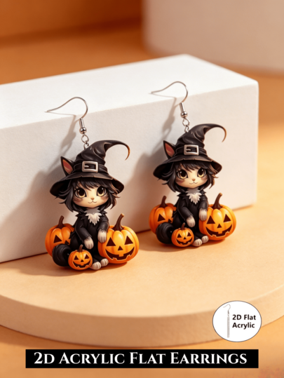 2D Gothic Style Halloween Pumpkin Black Cat Earrings, Acrylic Ear Jewelry, Suitable For Party And Gift