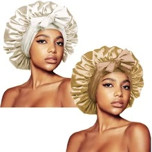 ZTZI 2Pcs Bow Decor Satin Hair Bonnet, Soft Elastic Sleep Cap, Large Size Night Hair Wrap For Curly Natural Long Hair Women - UM2pcs Bow-tie Round Hat - View 12