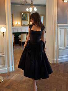 Elegant Casual Daily Commute Date Romantic Square Neck Dress - Black - View 5