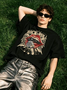 Men's Summer Casual Soft Round Neck Short Sleeve-Shirt,Rock Roll Microphone Print Graphic Is Suitable Daily Wear. - 黑色 - 查看 3