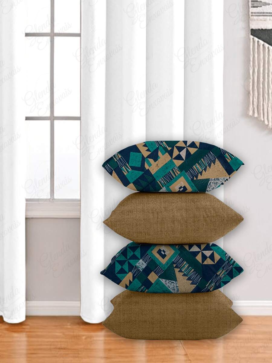 4 Cushion Covers, Various Combinations, 45x45 Cm - AL - 幾何藍 - 米色 - 查看 1