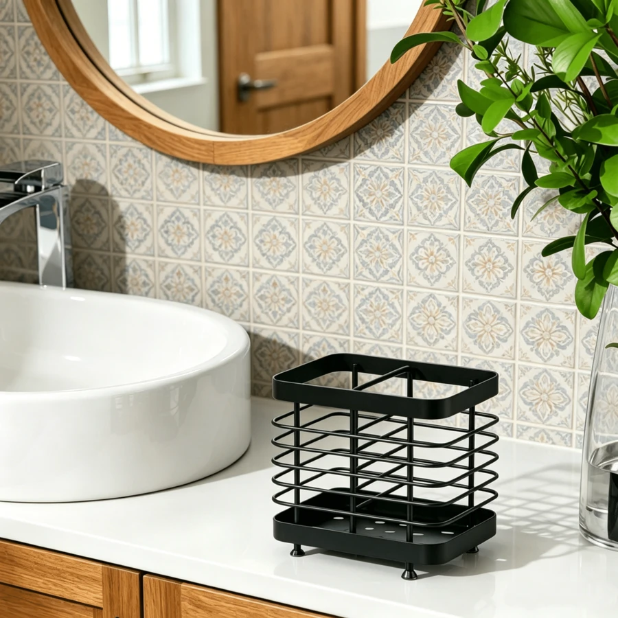 Soporte de pared de acero inoxidable para cepillos de dientes, no requiere perforación, en color negro, con orificio de drenaje, para un almacenamiento práctico de cepillos de dientes, cabezales y pasta de dientes, ideal para el baño y el hogar. - Negro - Ver 1