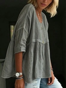 Plus Size Women's Solid Color Ruffle Blouse White Shirt For Daily Wear - Grey - View 3
