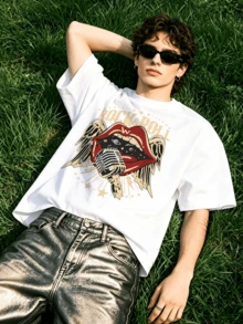 Herren Sommer Lässig Weiches Rundhals Kurzarm-Shirt, Rock Roll Mikrofon Muster Grafik ist für den täglichen Gebrauch geeignet. - Weiss - Übersicht 3