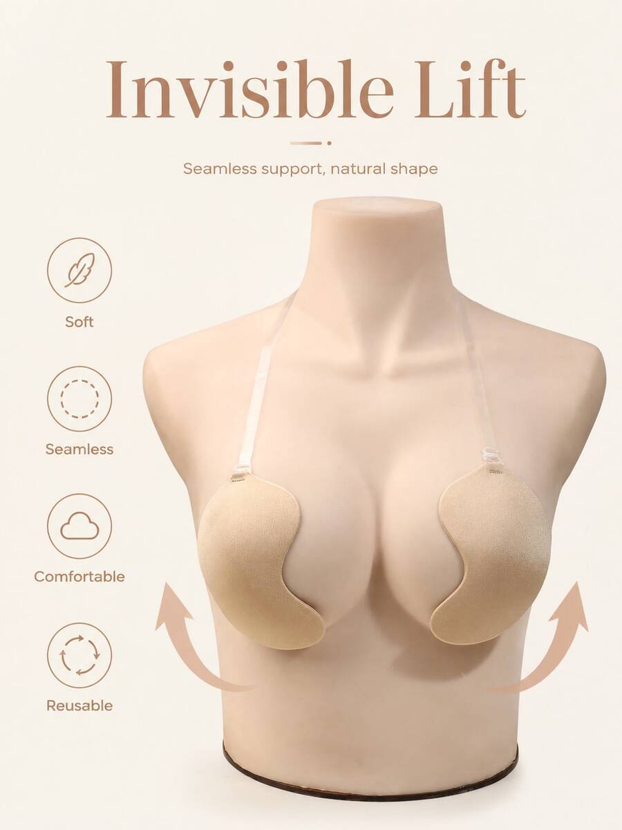 Mango-Shaped Silicone Adhesive Bra, Strapless Invisible Push-Up Bra, Detachable Transparent Straps, Essential For Wedding Dress, Evening Gown And Low-Cut Tank Top, Strong Lift And Anti-Sagging, Soft And Reusable, Sexy Wedding Party Essential, Breathable And Gentle For Sensitive Skin, Natural Invisible And Seamless - Multicolor - View 1