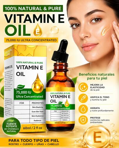 Aceite de Vitamina E 100% Natural y Puro – 75,000, 60ml, Mejora Elasticidad, Uniforma Tono y Brilla de la Piel