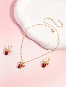 1 Set 3pcs Fashion Sweet Cute Rhinestone Bow Strawberry Pendant Necklace & Earrings - Multicolor - View 2