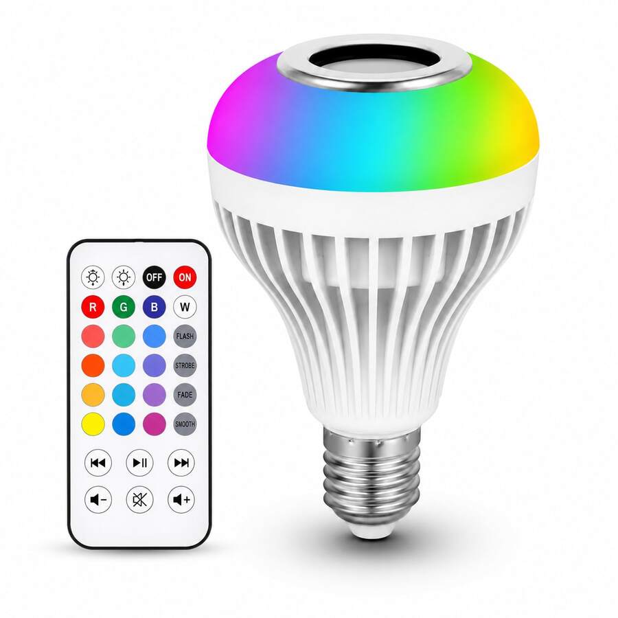 Foco LED RGB con Bocina Bluetooth E27, Luz Multicolor con Control Remoto para Hogar y Fiesta - RGB - Ver 1