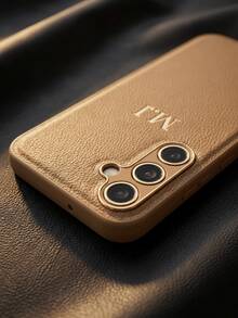 客製化個性化手機殼，適用於 Galaxy S26 S25 S24 S23 S22 S21 Ultra Plus S23 FE S21 S20 FE A55 A54 A53 A52 A51 A35 A34 A33 A32 A15 A14 A13 A12 A03 A21S 5G 4G，奢華 PU 皮革防震手機殼，個性化縮寫姓名 3D DIY 雕刻金字燙金工藝，PU 皮革手機殼，節日禮物送給愛人、朋友、家人和自己 - 卡其色 - 查看 4