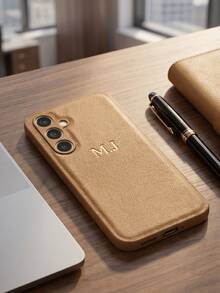 客製化個性化手機殼，適用於 Galaxy S26 S25 S24 S23 S22 S21 Ultra Plus S23 FE S21 S20 FE A55 A54 A53 A52 A51 A35 A34 A33 A32 A15 A14 A13 A12 A03 A21S 5G 4G，奢華 PU 皮革防震手機殼，個性化縮寫姓名 3D DIY 雕刻金字燙金工藝，PU 皮革手機殼，節日禮物送給愛人、朋友、家人和自己 - 卡其色 - 查看 5