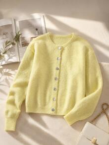 Q Cardigan Rajut Kuning Baru Musim Gugur/Dingin Wanita Leher Bulat Kancing Tunggal Longgar Lembut Pendek Jaket Sweater - Kuning - View 5