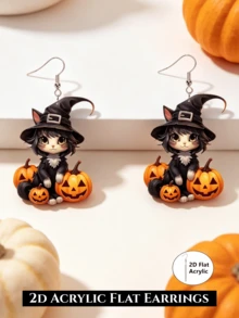 2D Gothic Style Halloween Pumpkin Black Cat Earrings, Acrylic Ear Jewelry, Suitable For Party And Gift - Pumpkin Black Cat - View 6