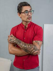 Men's Short-Sleeve Shirt With Mandarin Collar, Lightweight For Work And Leisure - Bordeaux - View 4