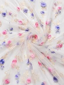 50cm / 1yd / 3yd / 5yd Transparent White Tulle Fabric – 51.1" Wide – Pink And Lavender 3D Pom Pom Floral Embroidery With Gold Vine Stems – Suitable For Princess Party Dresses, Wedding Table Decor - 1 - View 3