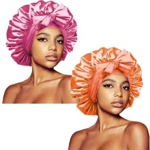 ZTZI 2Pcs Bow Decor Satin Hair Bonnet, Soft Elastic Sleep Cap, Large Size Night Hair Wrap For Curly Natural Long Hair Women - UM2pcs Bow-tie Round Hat - View 21
