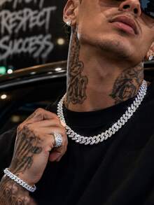 9mm Shiny Chunky Chain Design Rhinestone Studded Hip Hop Bracelet + Necklace Set, Suitable For Daily Wear And Party Decoration - Hip Hop Necklace Set - View 4