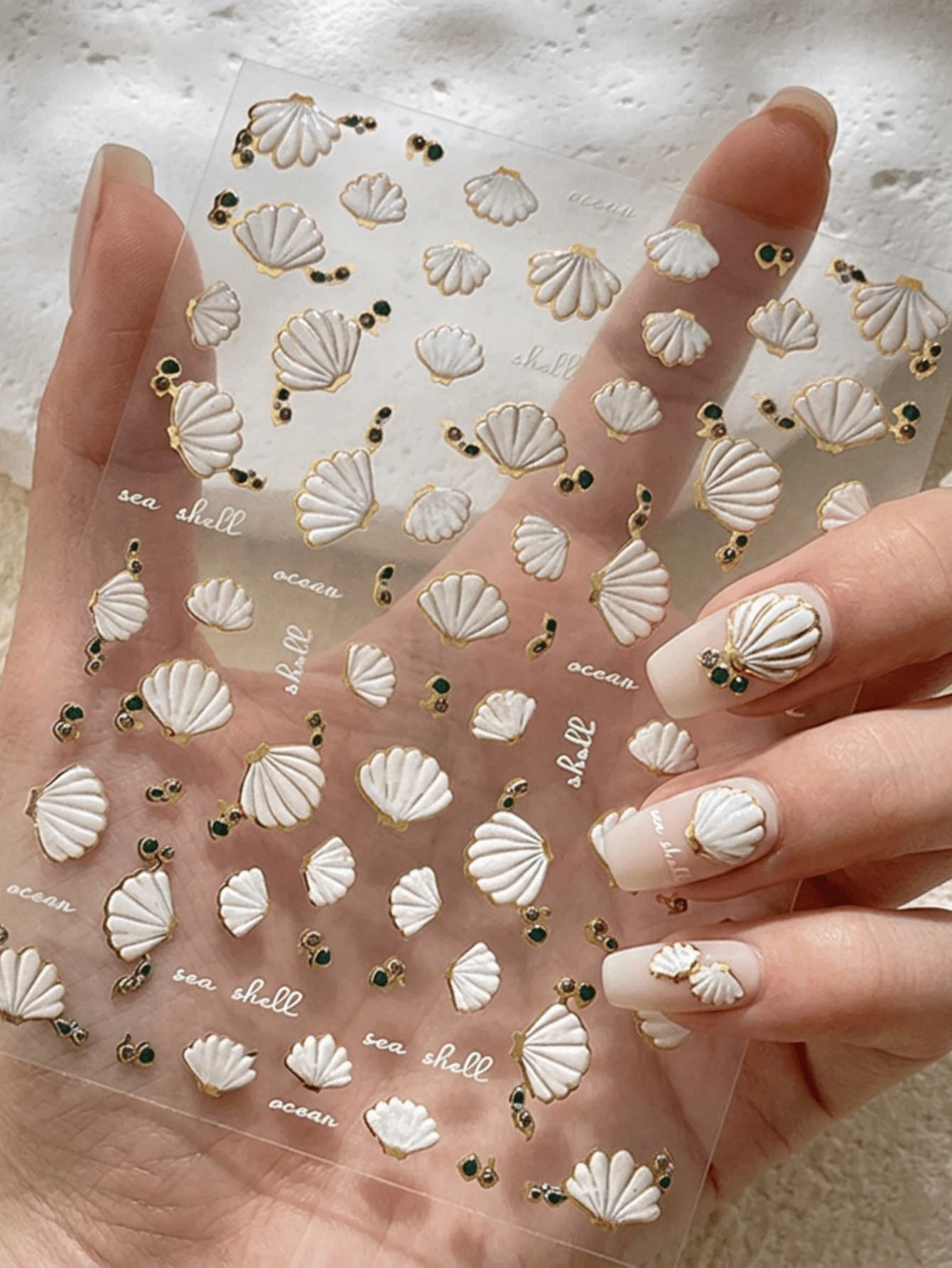 1 Sheet 5D Embossed Seashell Nail Stickers, Golden Foil Edge Green Rhinestone Summer Sea Shell Nail Art Decals Ocean Theme Self-Adhesive DIY Manicure Decorations