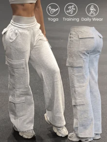 Minimalist Casual Pocket Sports Straight Leg Loose Daily Commute Women's Cargo Pants Fall - Grey - View 1