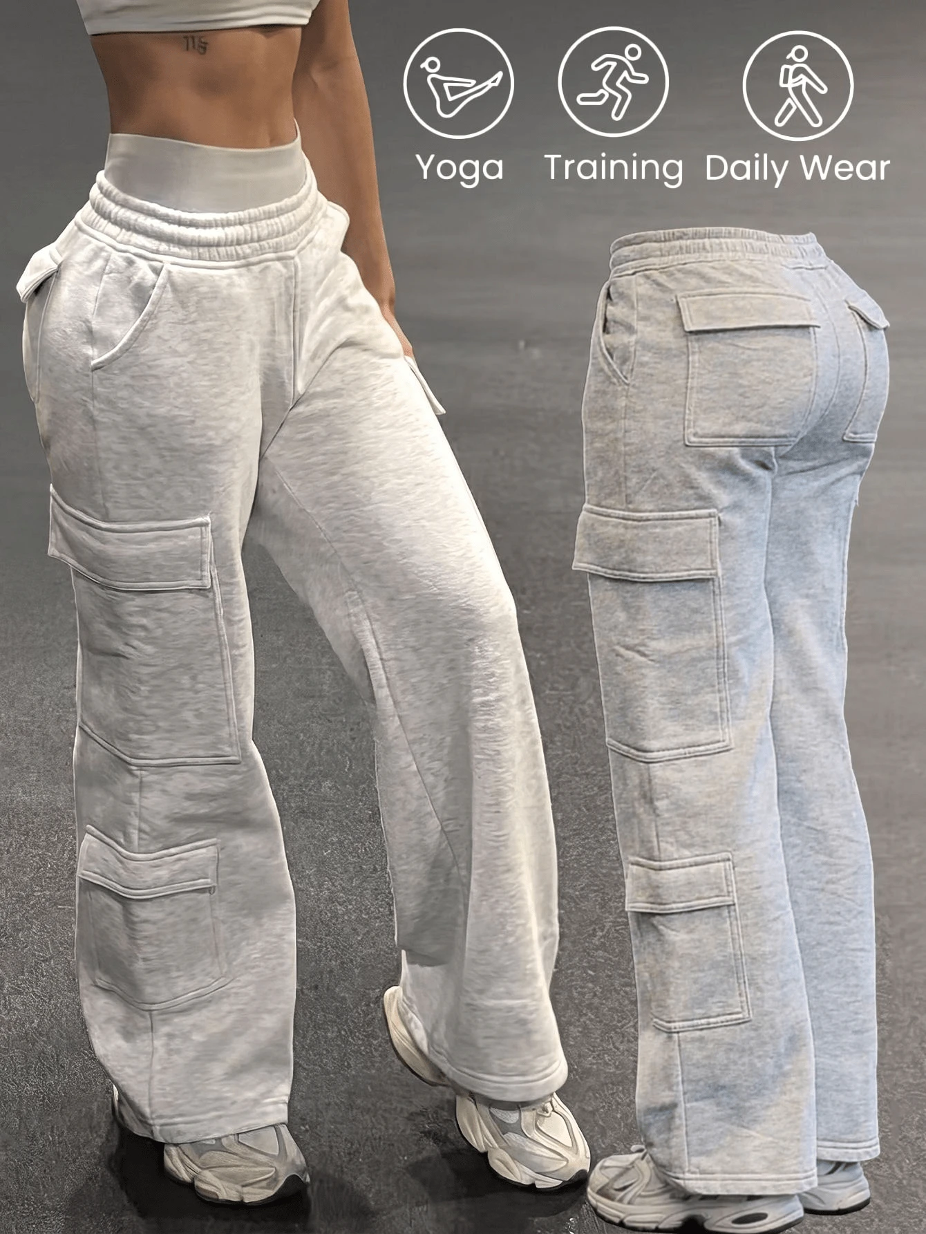 Minimalist Casual Pocket Sports Straight Leg Loose Daily Commute Women's Cargo Pants Fall - Grey - View 1
