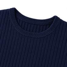 Women's Navy Blue Long Sleeve Ribbed Crew Neck Knit Sweater, High Elasticity Regular Fit, Suitable For Autumn/Winter Wear - Navy Blue - View 5