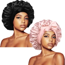 ZTZI 2Pcs Bow Decor Satin Hair Bonnet, Soft Elastic Sleep Cap, Large Size Night Hair Wrap For Curly Natural Long Hair Women - UM2pcs Bow-tie Round Hat - View 15