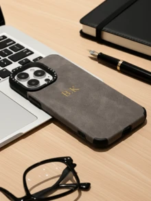 Personalized Custom Name Initial Phone Case, Compatible With 17/16/15/14/13/12/11 Pro Max/17 Air, Luxury Suede PU Leather Soft Back Cover, 3D DIY Engraving, Birthday/Holiday Gift - Dark Grey - View 5