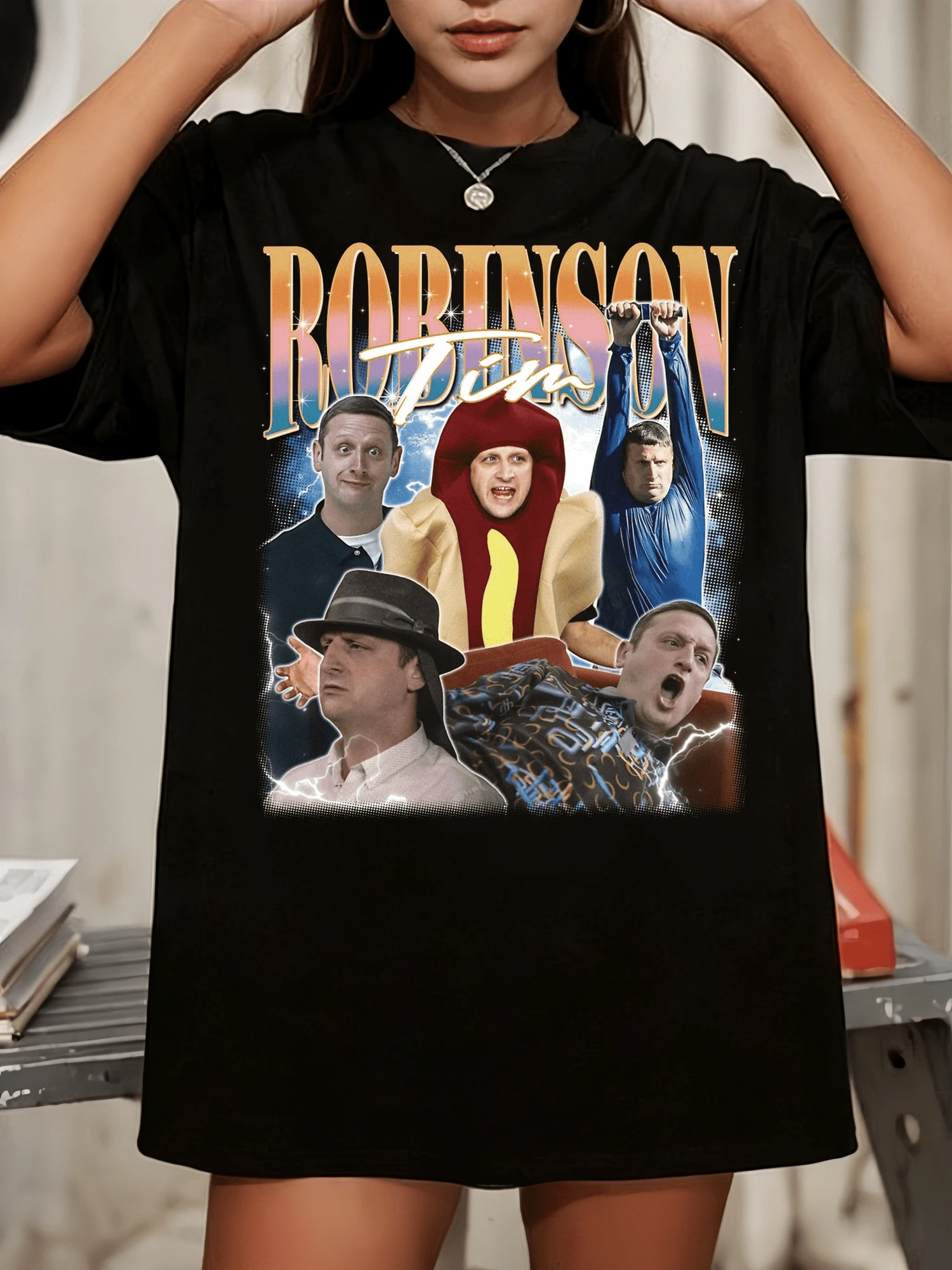 T-shirt graphique rétro bootleg Tim Robinson I Think You Should Leave, col rond, top décontracté à manches courtes pour les fans de comédie - Noir - Voir 1