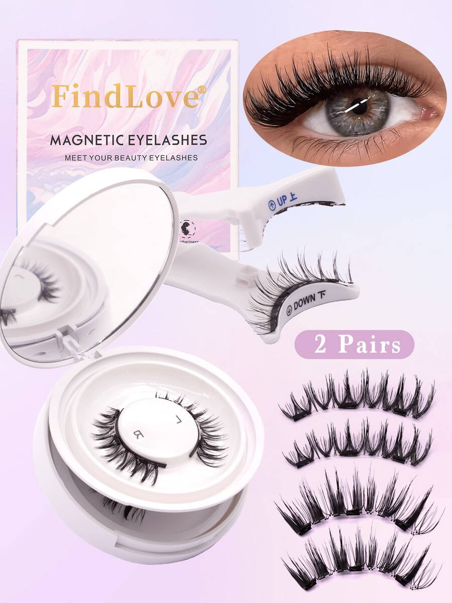 FindLove 2對磁吸假睫毛 漫畫風自然款 可重複使用 附佩戴夾 無需膠水 磁吸睫毛套組 化妝工具 - 粉色 - 查看 1
