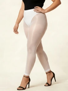 Legging Pendek Mengkilap untuk Sehari-hari, Pinggang Tinggi Halus dan Nyaman, Lapisan Dasar Mengkilap Serbaguna, Cocok untuk Kantor, Makan Siang Santai, dan Acara Kasual. - Putih - View 4