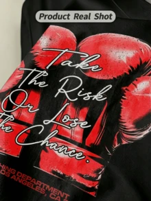 Camicia casual estiva da uomo con collo rotondo morbido e maniche corte, stampa grafica di guantoni da boxe, adatta per l'uso quotidiano. - nero - Visualizzare 2